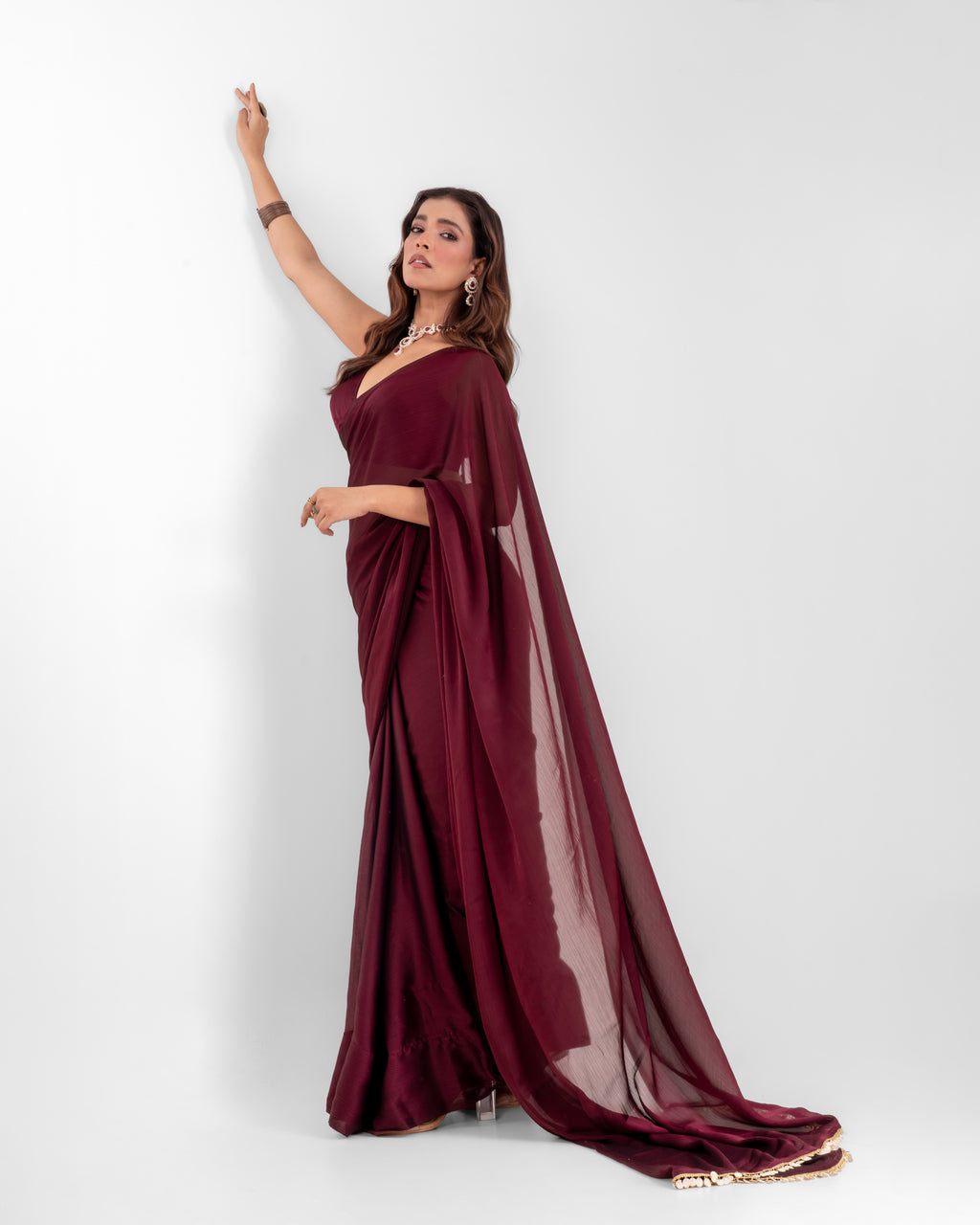 Wine Natural Chiffon Saree with Handcrafted Coin Lace and Matching Blouse Piece