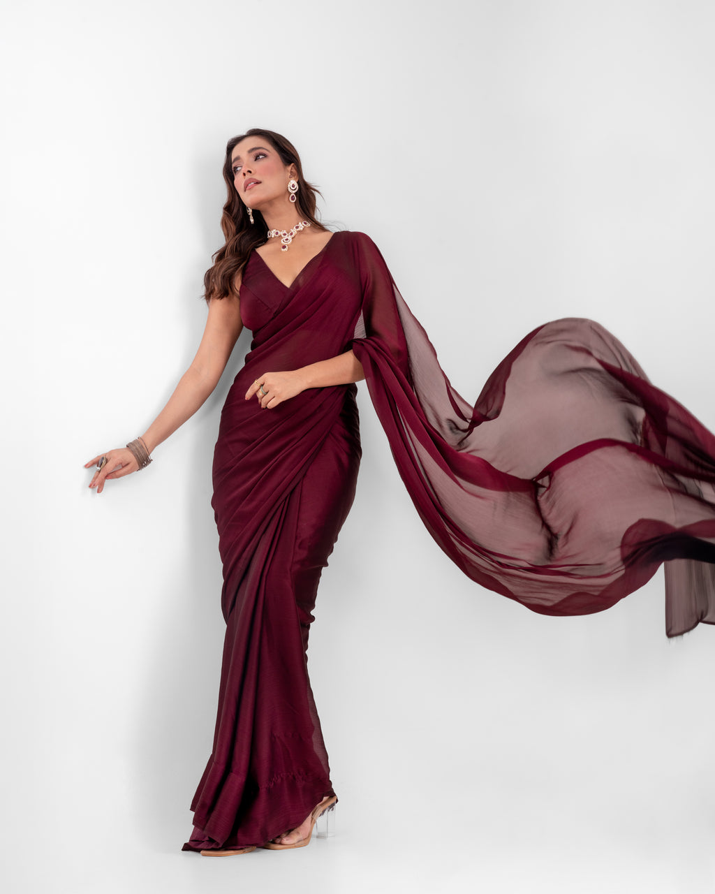 Wine Natural Chiffon Saree with Handcrafted Coin Lace and Matching Blouse Piece