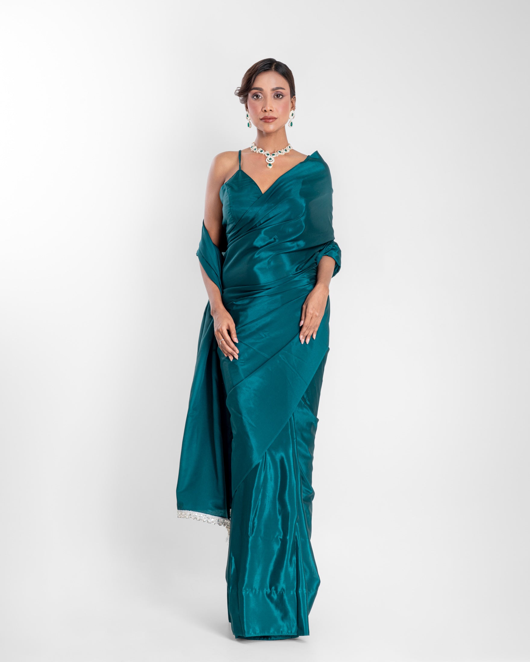 Deep Peacock Green Silk Blend Saree with Embroidered Lace and Matching Blouse Piece
