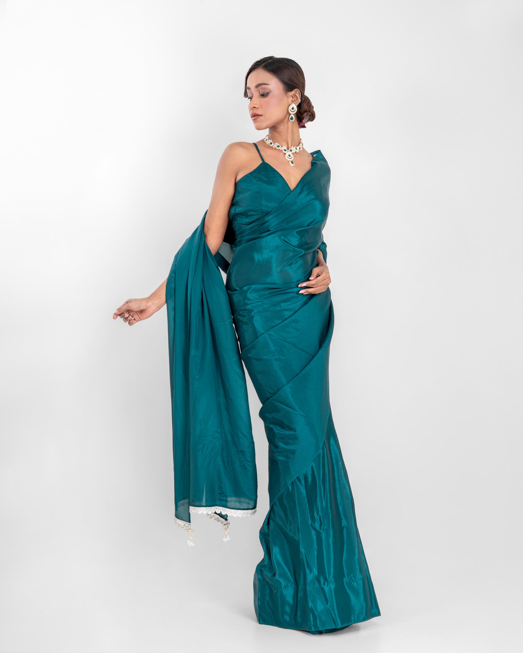 Deep Peacock Green Silk Blend Saree with Embroidered Lace and Matching Blouse Piece