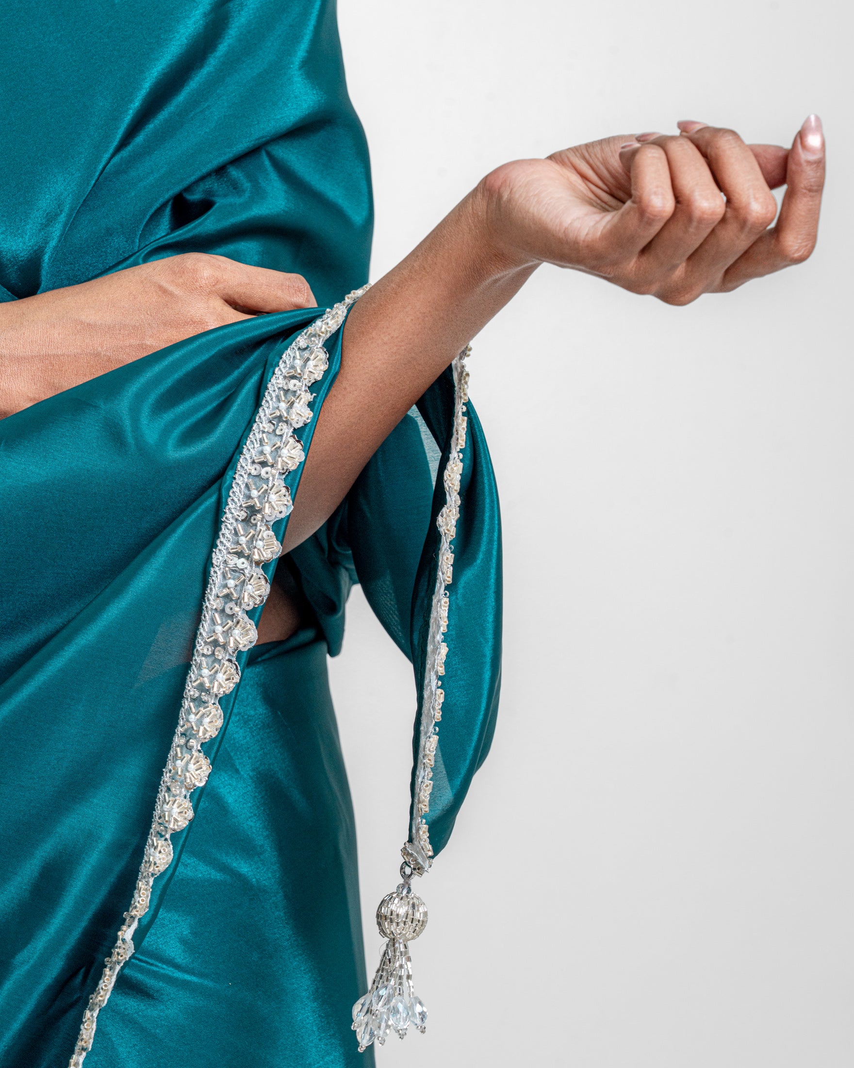 Deep Peacock Green Silk Blend Saree with Embroidered Lace and Matching Blouse Piece