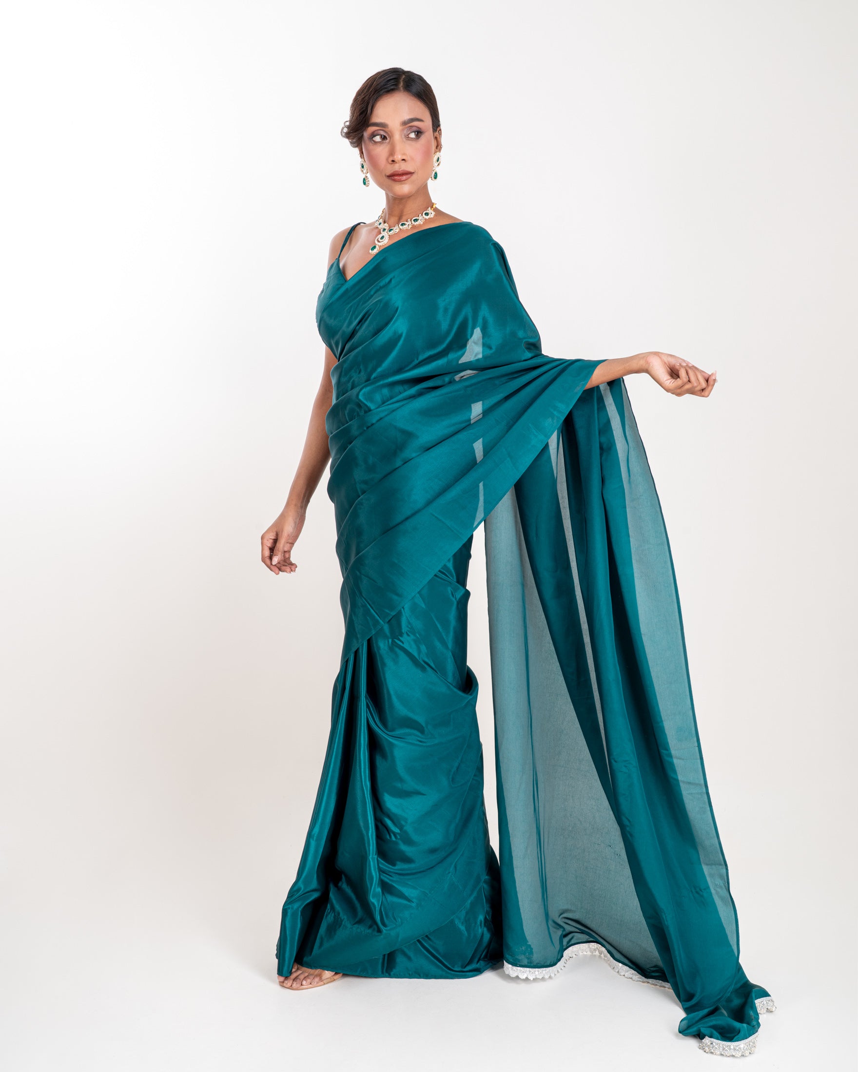 Deep Peacock Green Silk Blend Saree with Embroidered Lace and Matching Blouse Piece
