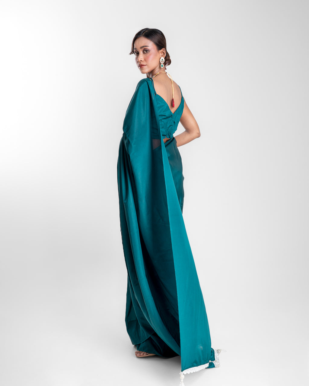 Deep Peacock Green Silk Blend Saree with Embroidered Lace and Matching Blouse Piece