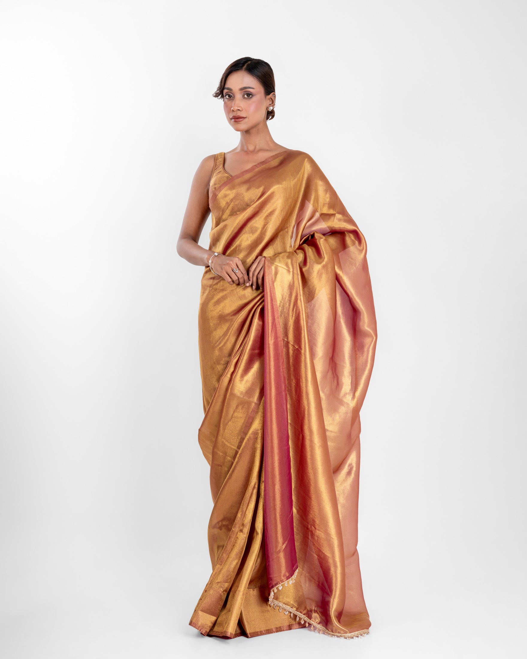 Antique Gold Viscose Zari Saree with Handcrafted Crystal Lace and Matching Blouse Piece