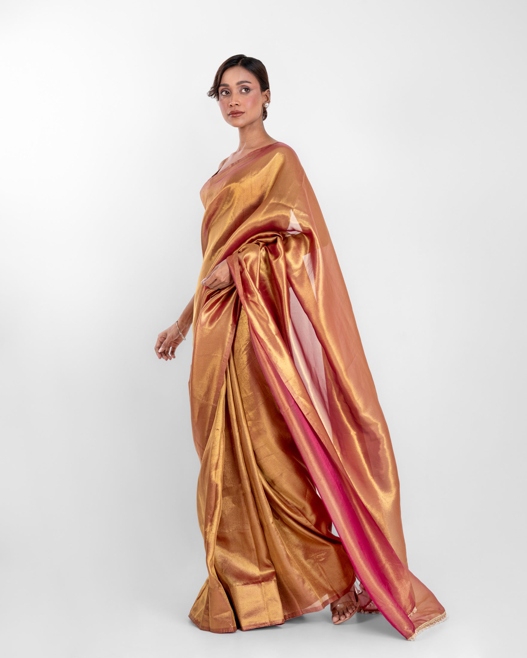 Antique Gold Viscose Zari Saree with Handcrafted Crystal Lace and Matching Blouse Piece