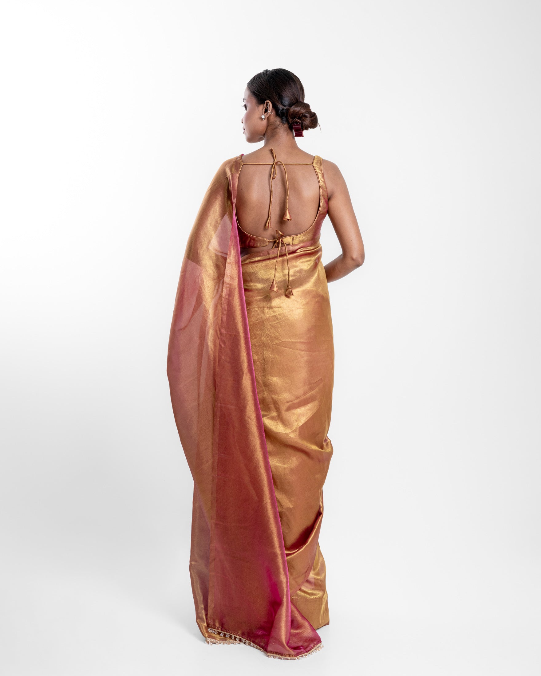 Antique Gold Viscose Zari Saree with Handcrafted Crystal Lace and Matching Blouse Piece