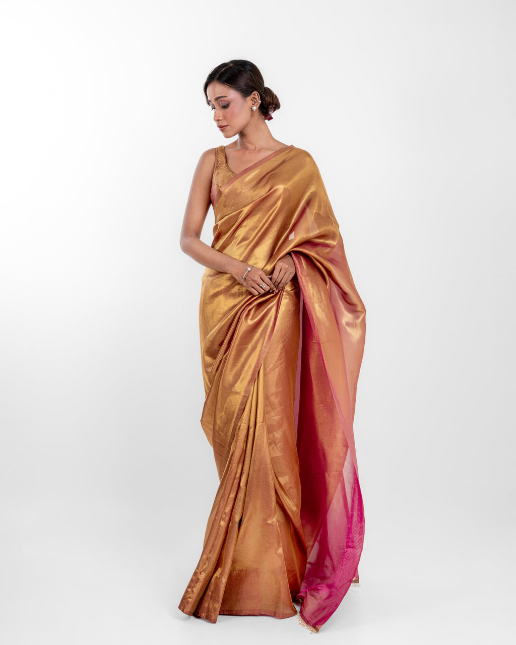 Antique Gold Viscose Zari Saree with Handcrafted Crystal Lace and Matching Blouse Piece