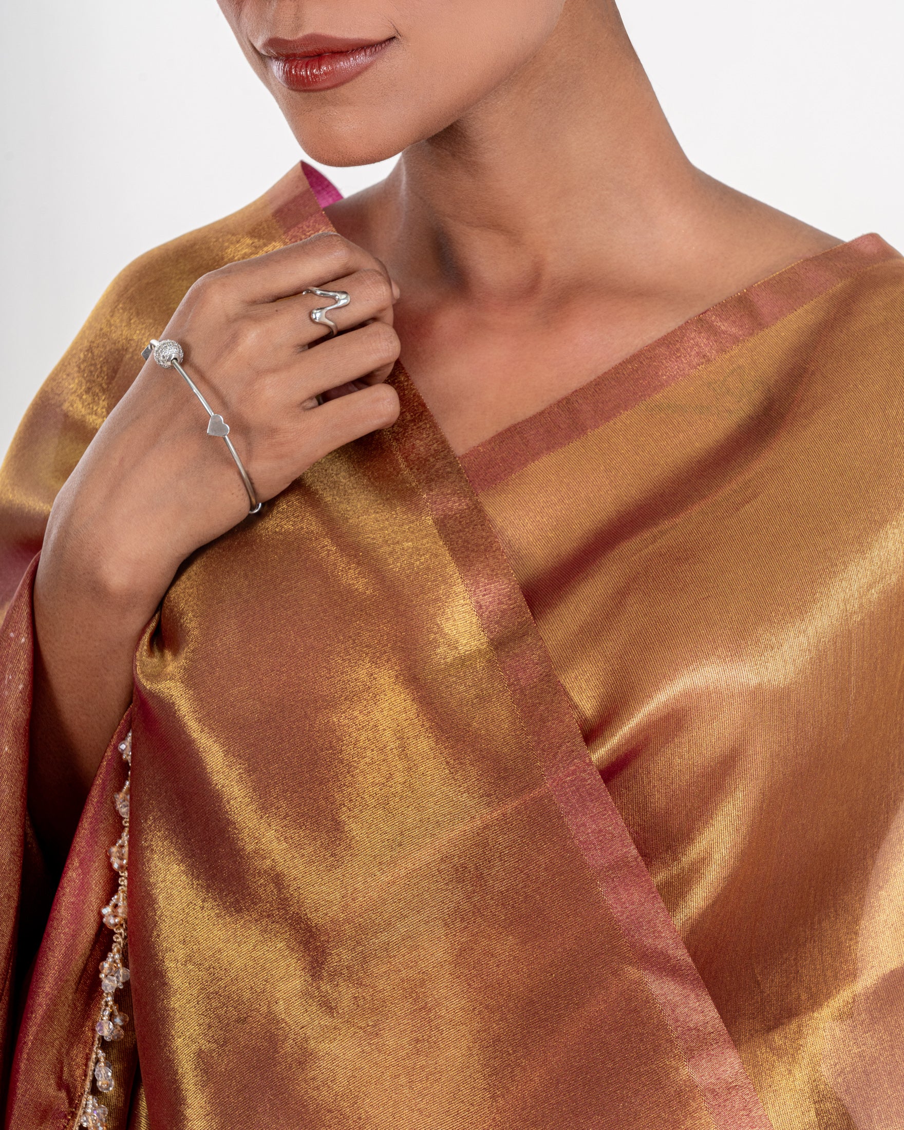 Antique Gold Viscose Zari Saree with Handcrafted Crystal Lace and Matching Blouse Piece