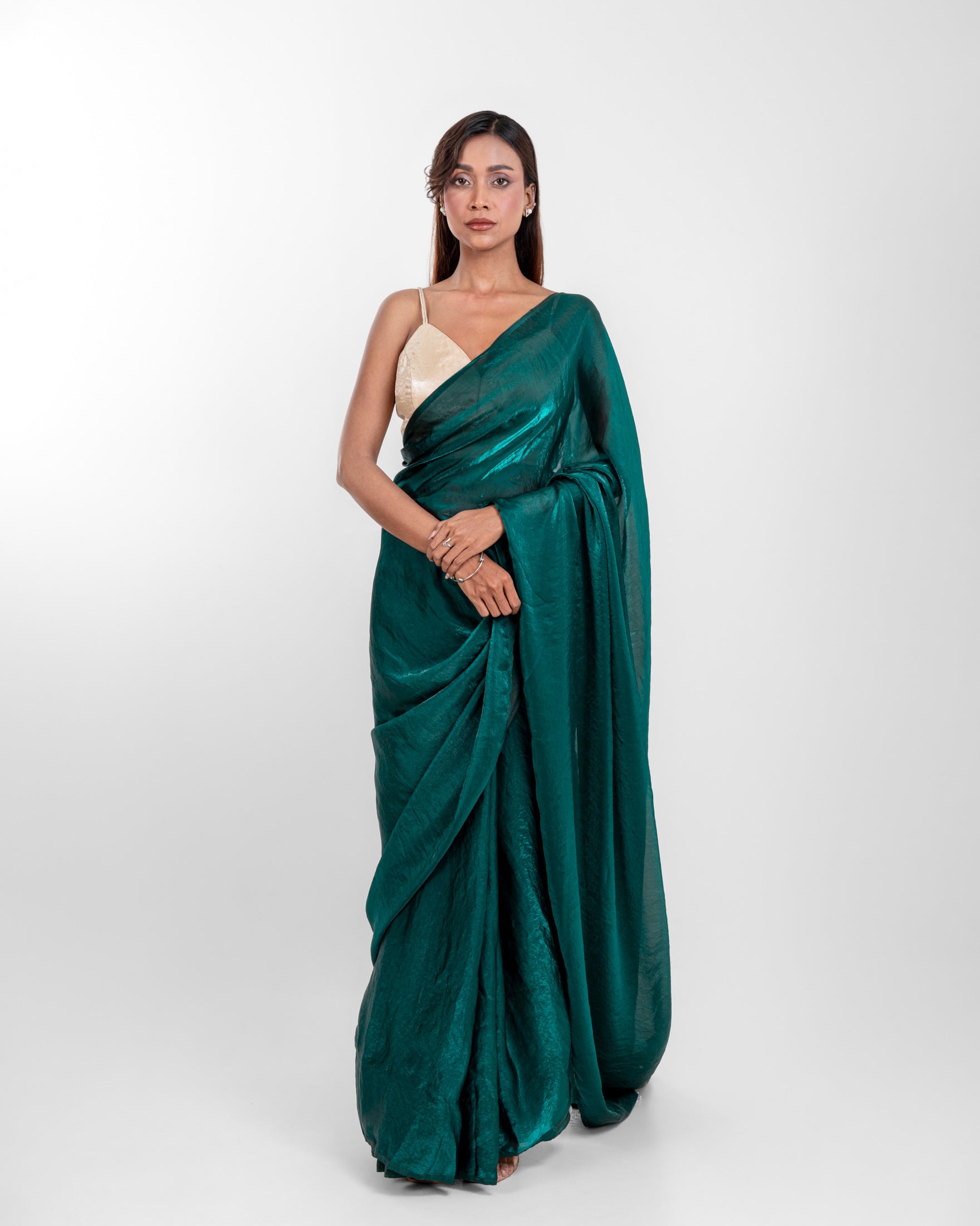 Emerald Fendi Satin Saree with Handcrafted Crystal Drop Lace and Matching Blouse Piece