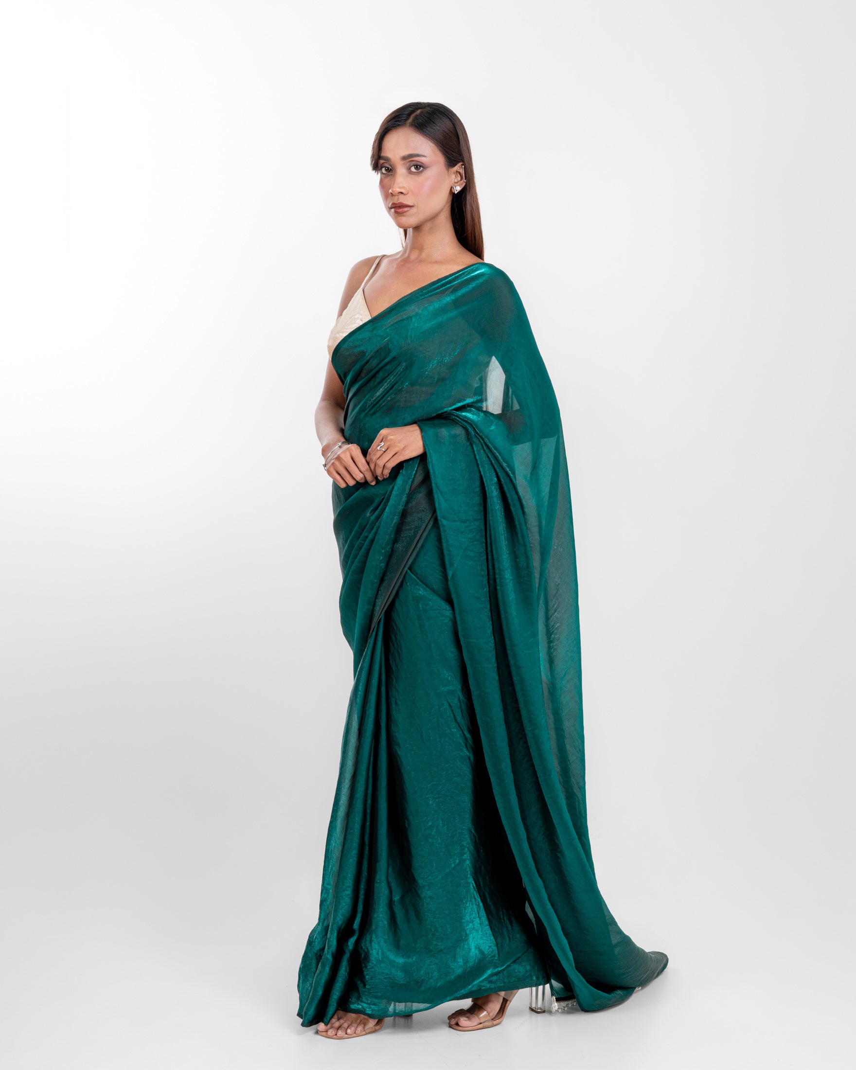Emerald Fendi Satin Saree with Handcrafted Crystal Drop Lace and Matching Blouse Piece