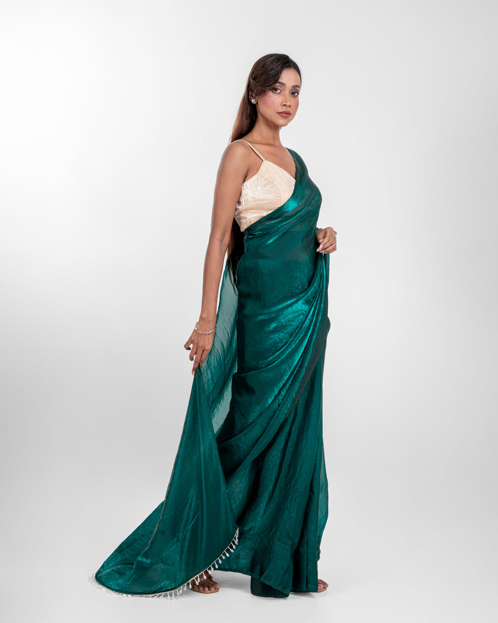 Emerald Fendi Satin Saree with Handcrafted Crystal Drop Lace and Matching Blouse Piece