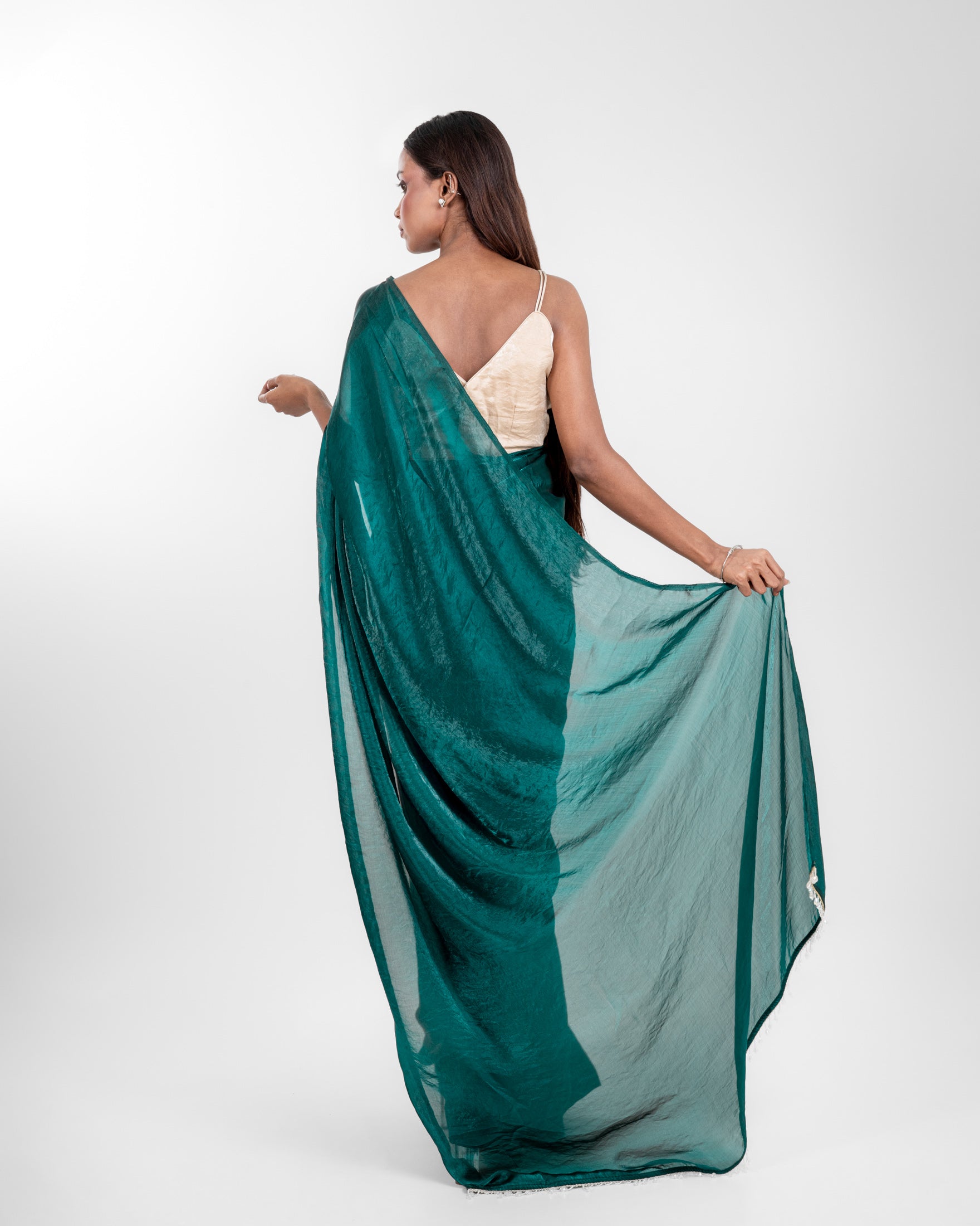 Emerald Fendi Satin Saree with Handcrafted Crystal Drop Lace and Matching Blouse Piece