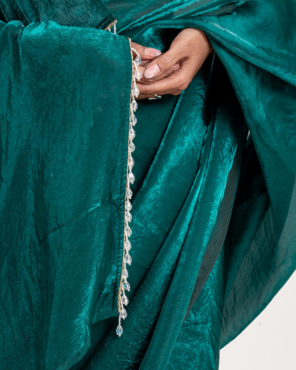 Emerald Fendi Satin Saree with Handcrafted Crystal Drop Lace and Matching Blouse Piece