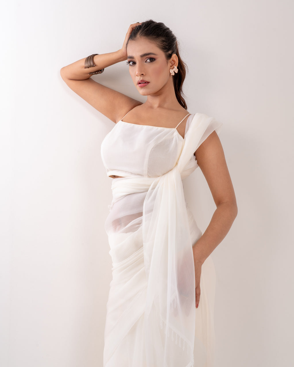 Ivory White Chiffon Saree with Handcrafted Crystal Drop Lace and Matching Blouse Piece
