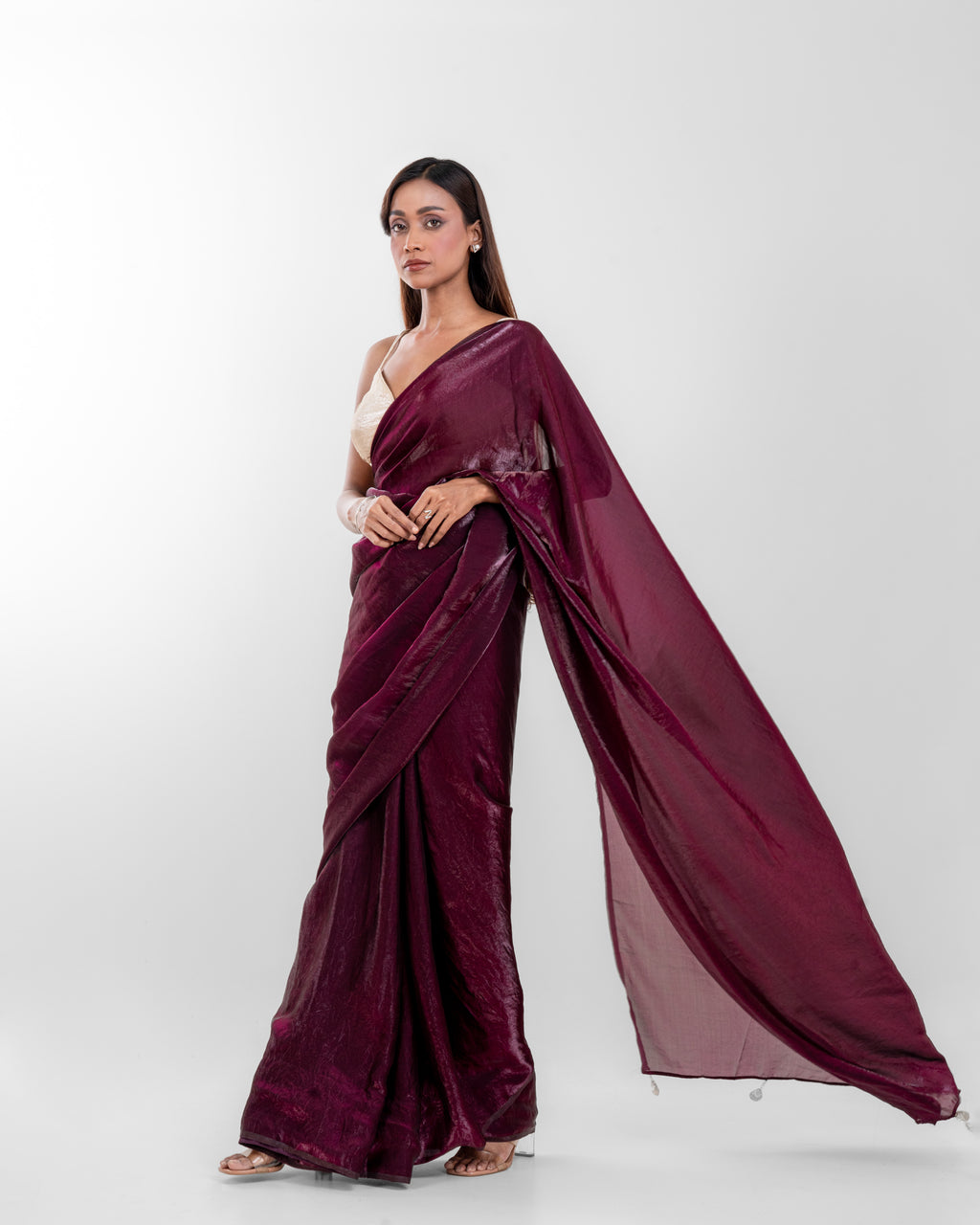 Wine Fendi Satin Saree with Handcrafted Pearl Tassels and Matching Blouse Piece