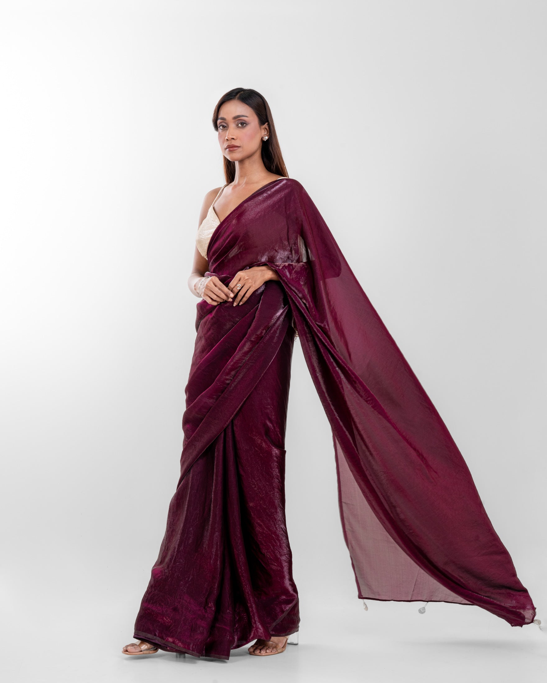 Wine Fendi Satin Saree with Handcrafted Pearl Tassels and Matching Blouse Piece