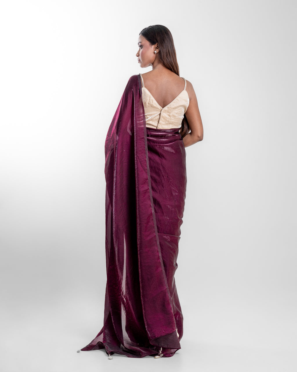 Wine Fendi Satin Saree with Handcrafted Pearl Tassels and Matching Blouse Piece