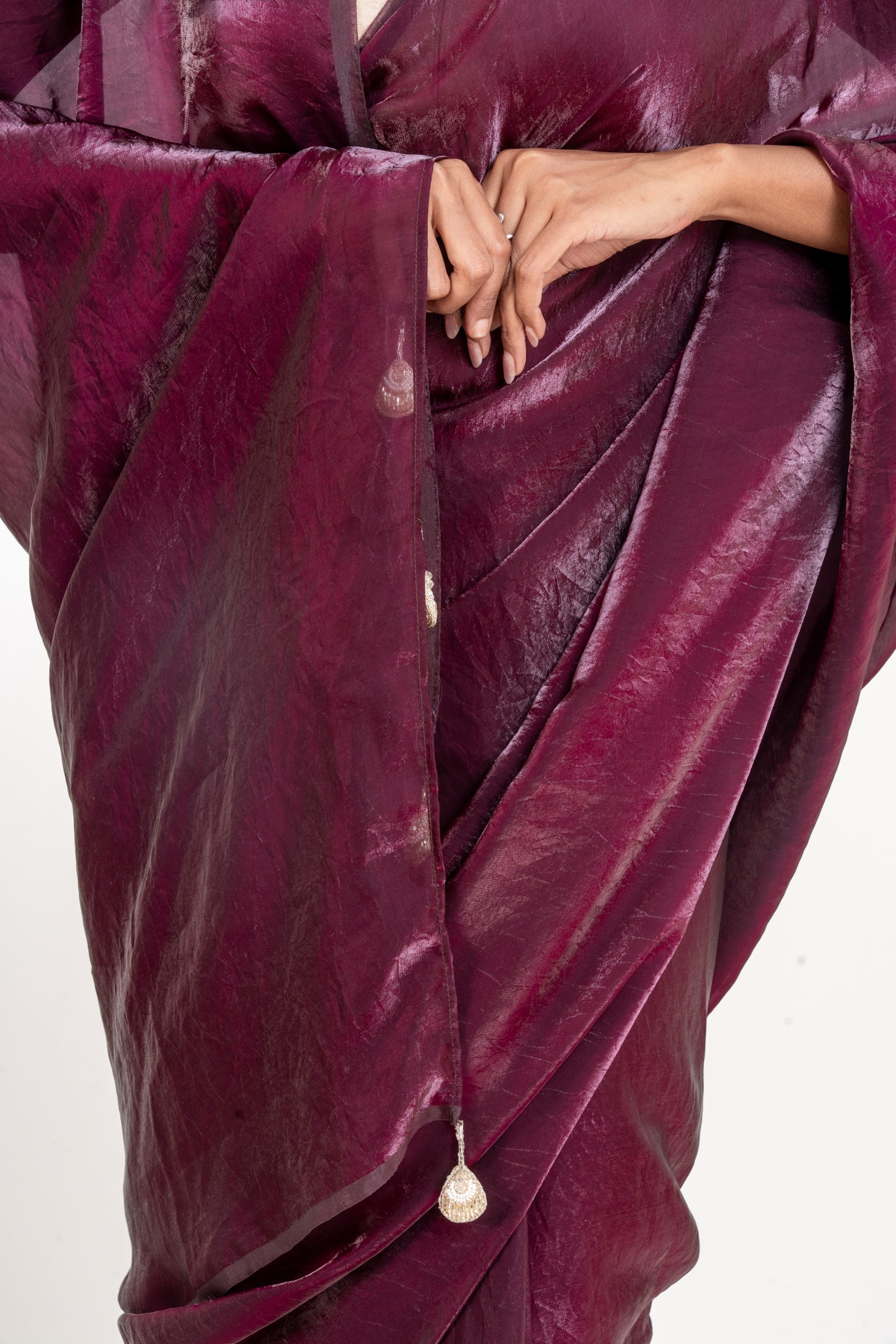 Wine Fendi Satin Saree with Handcrafted Pearl Tassels and Matching Blouse Piece
