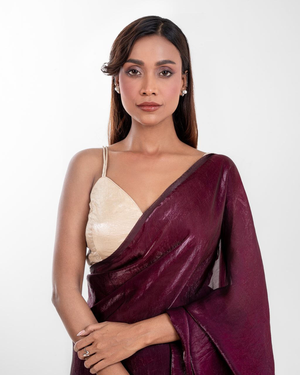 Wine Fendi Satin Saree with Handcrafted Pearl Tassels and Matching Blouse Piece