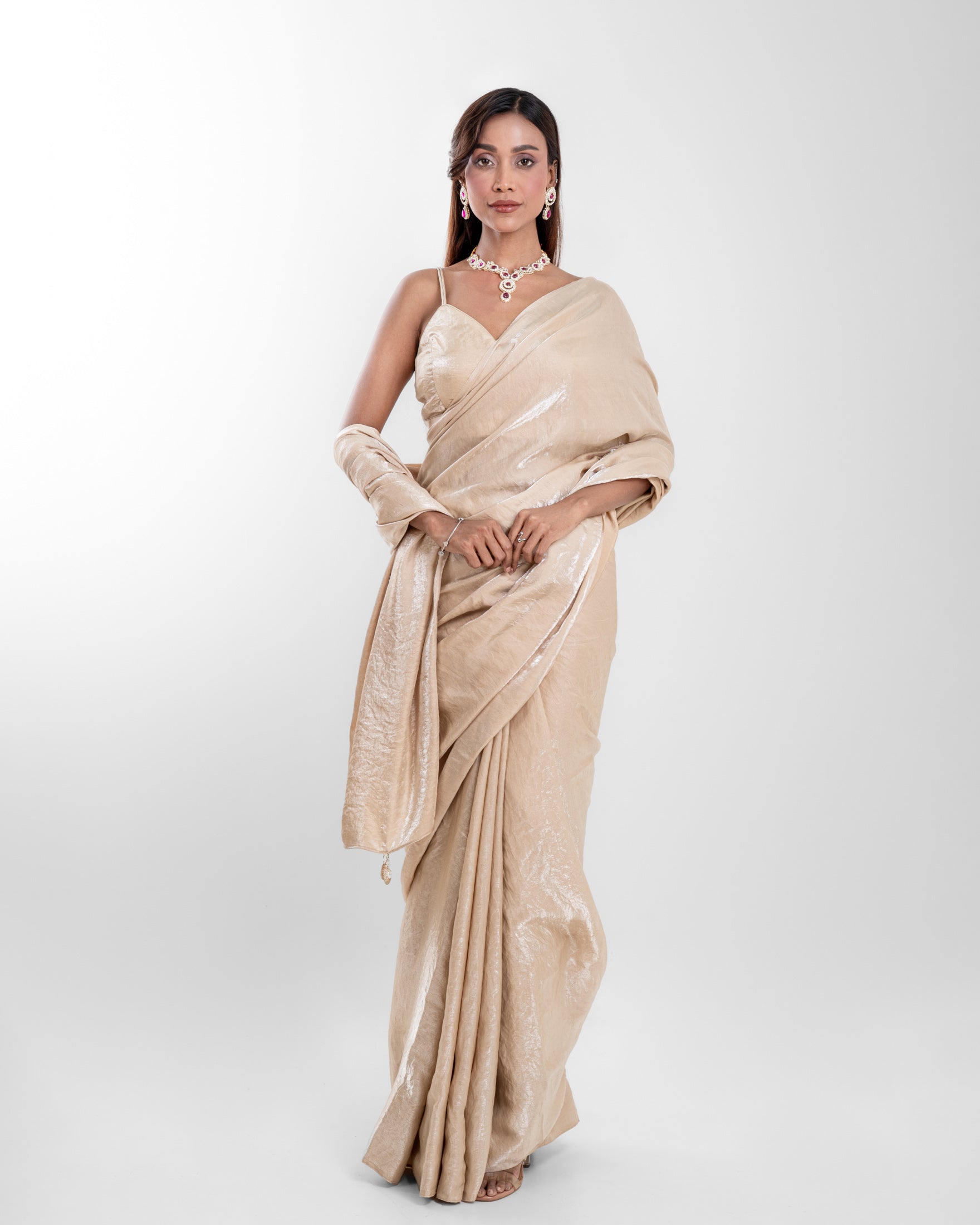 Champagne Cashino Saree with Handcrafted Tassels and Matching Blouse Piece