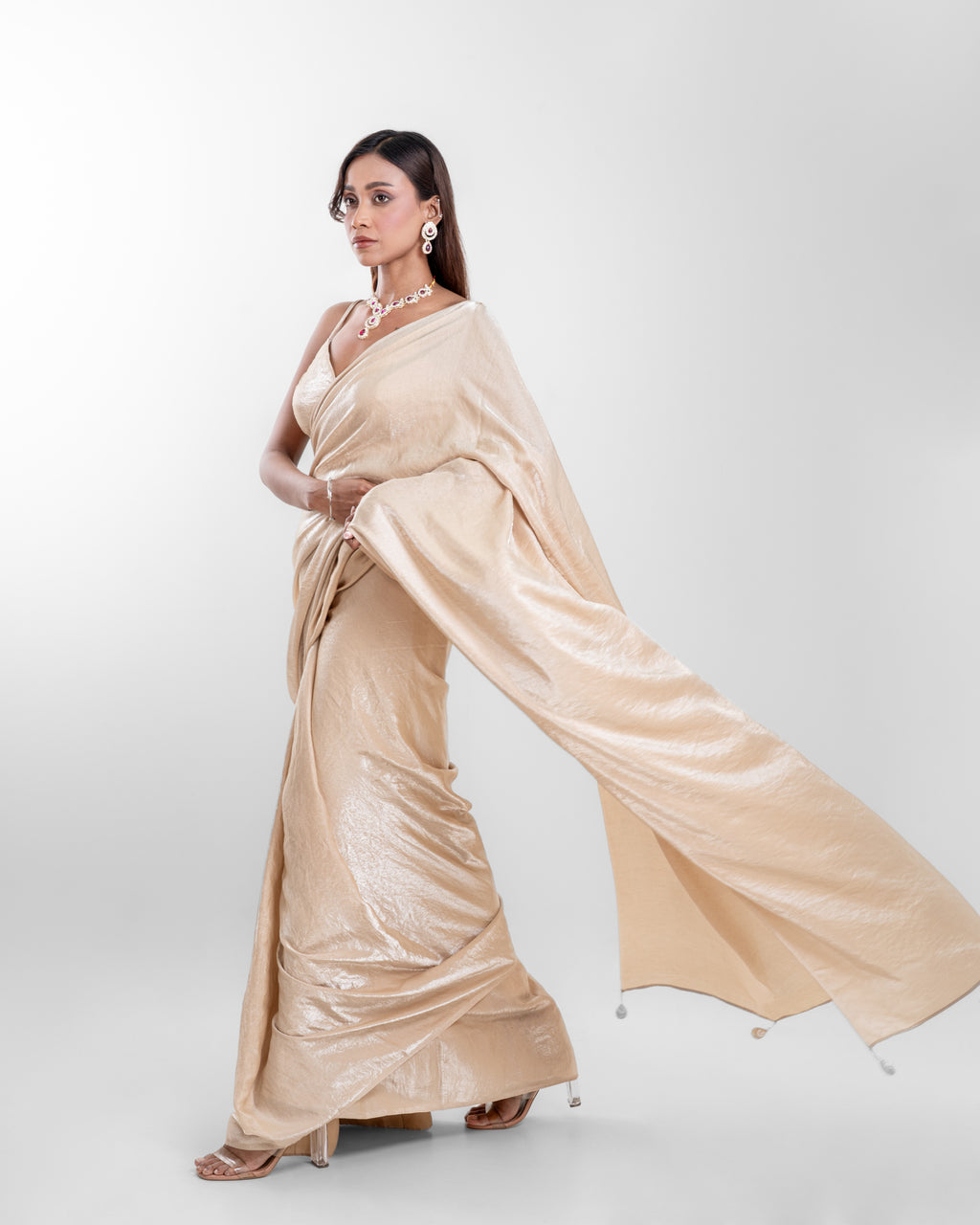Champagne Cashino Saree with Handcrafted Tassels and Matching Blouse Piece