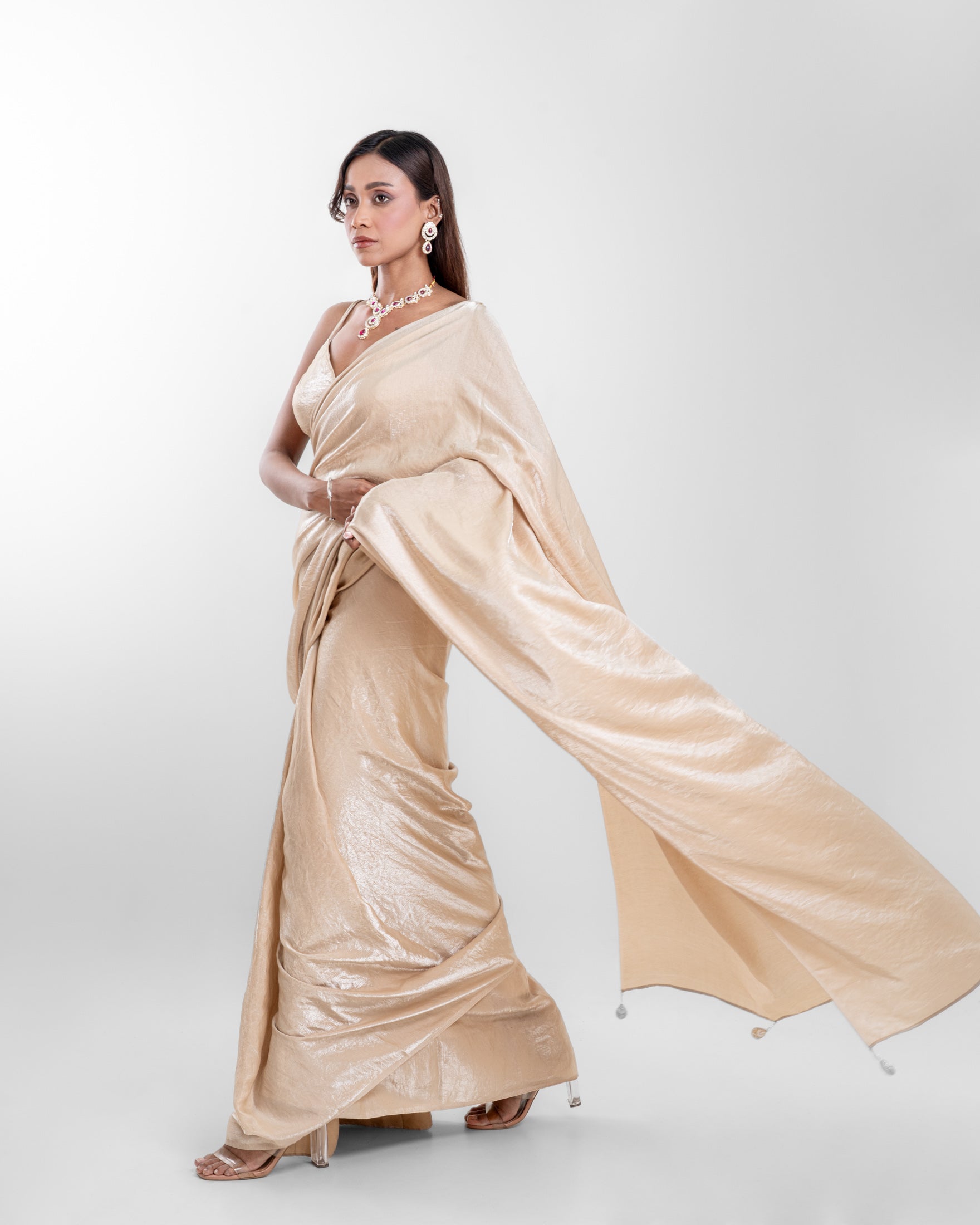 Champagne Cashino Saree with Handcrafted Tassels and Matching Blouse Piece