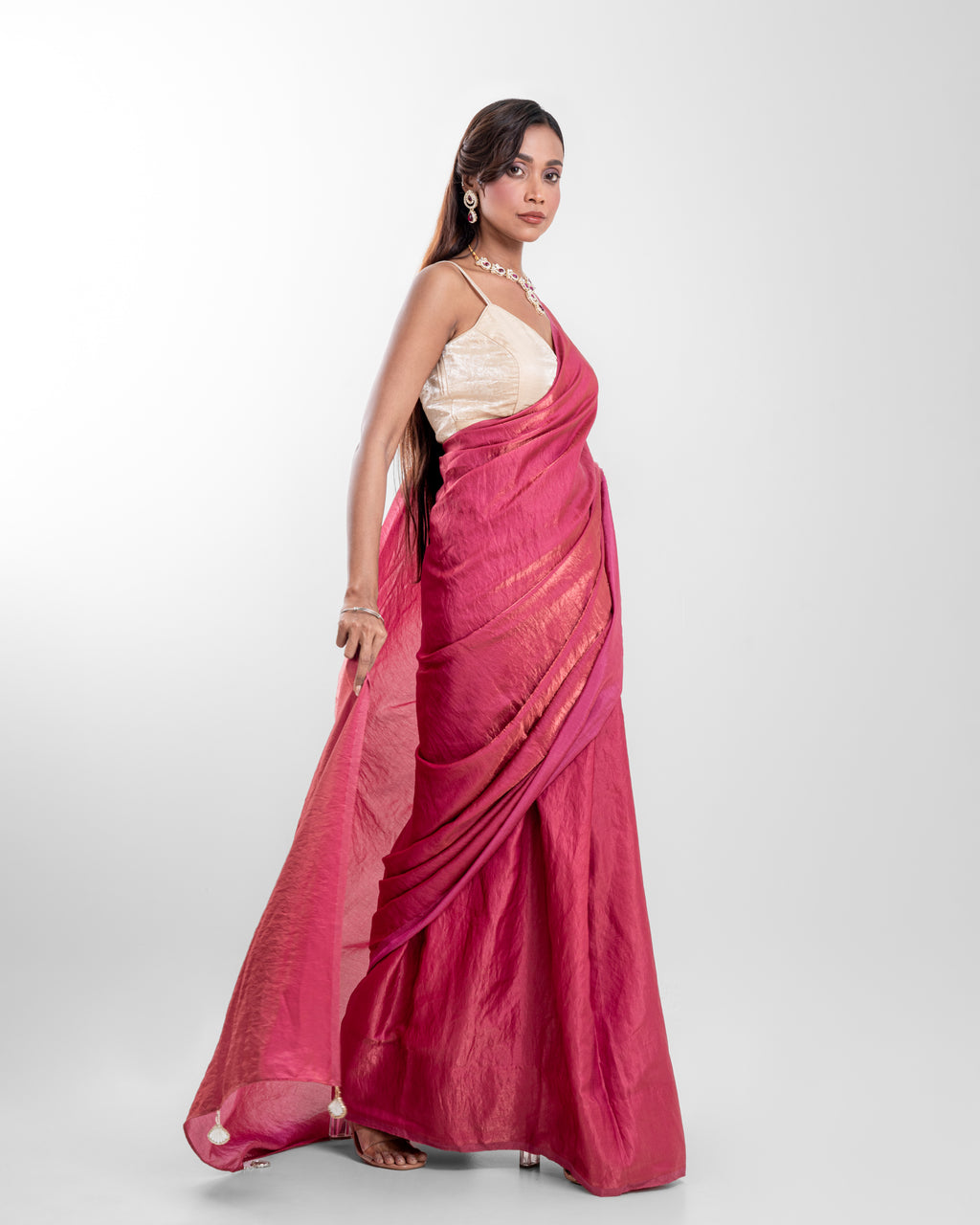 Rosewood Pink Cashino Saree with Handcrafted Pearl Tassels and Matching Blouse Piece