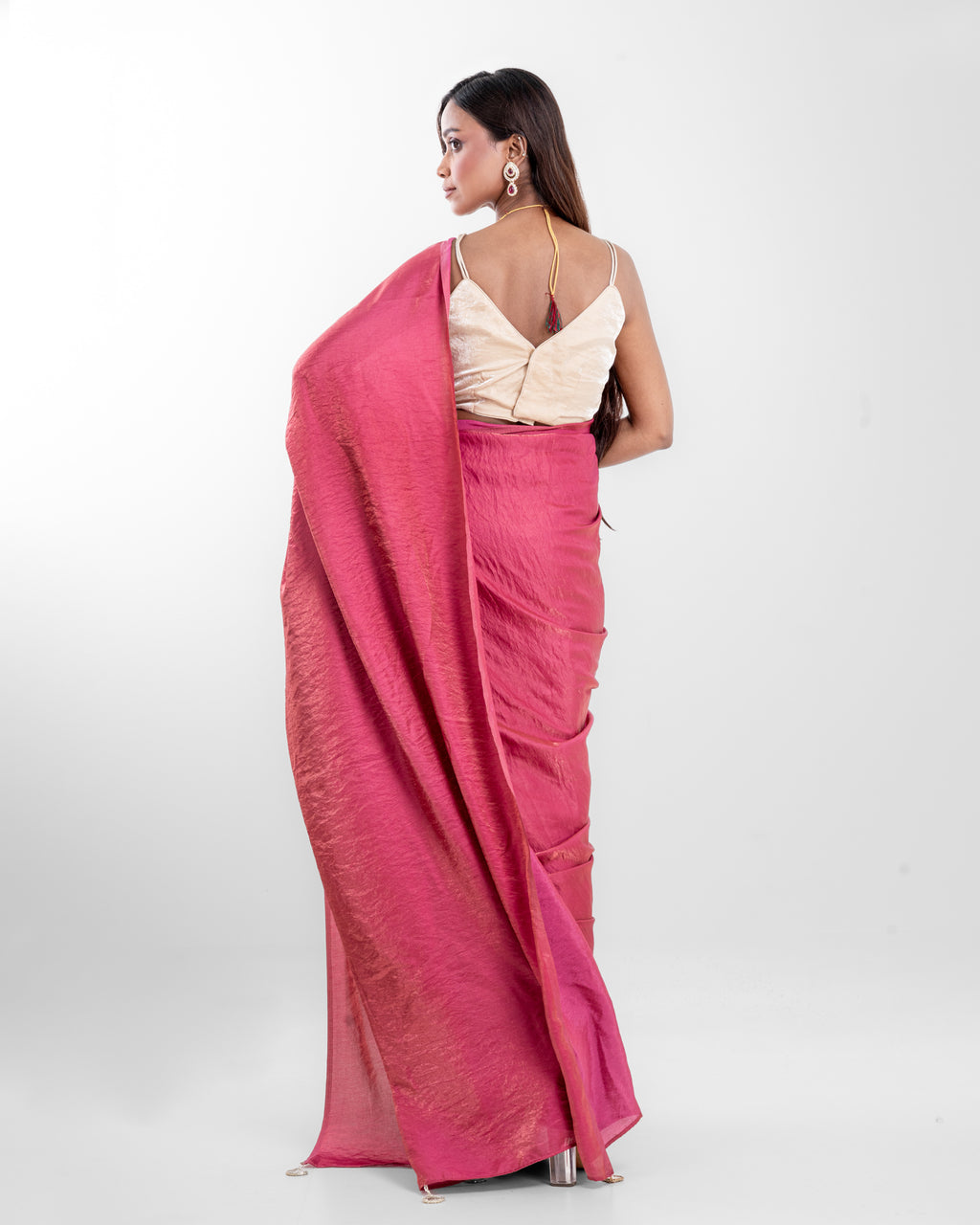 Rosewood Pink Cashino Saree with Handcrafted Pearl Tassels and Matching Blouse Piece