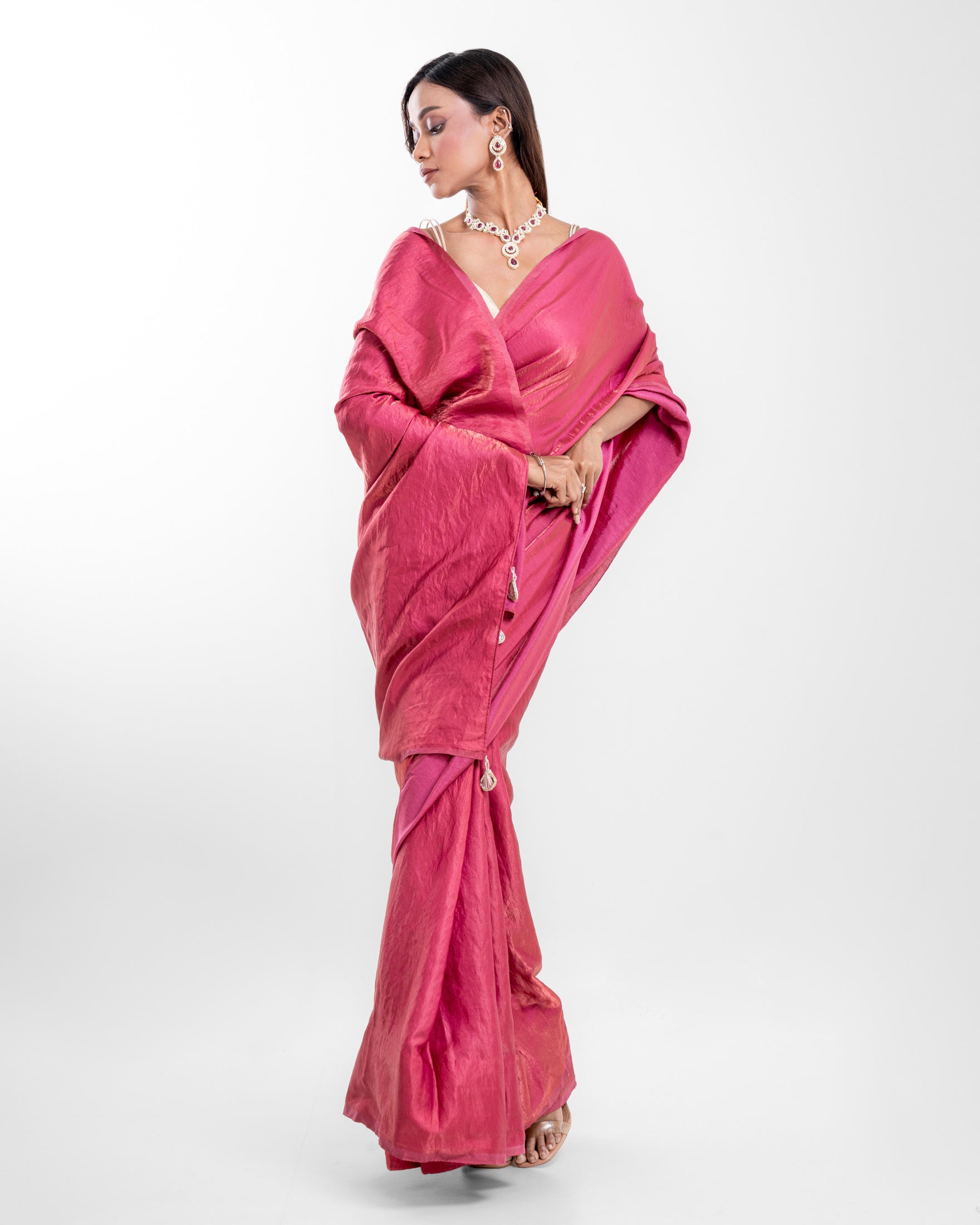 Rosewood Pink Cashino Saree with Handcrafted Pearl Tassels and Matching Blouse Piece