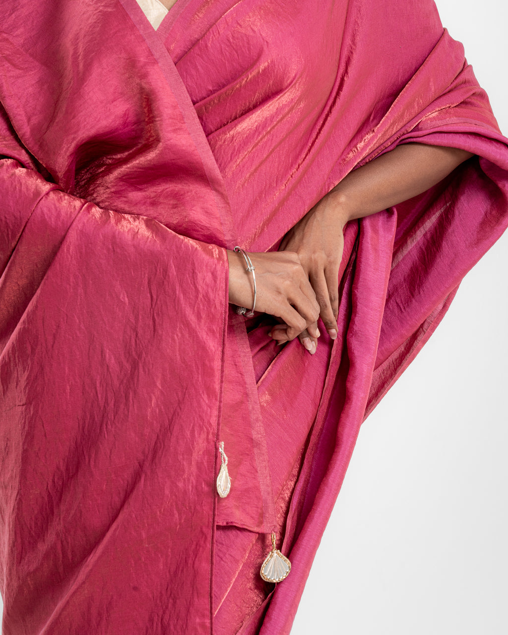 Rosewood Pink Cashino Saree with Handcrafted Pearl Tassels and Matching Blouse Piece