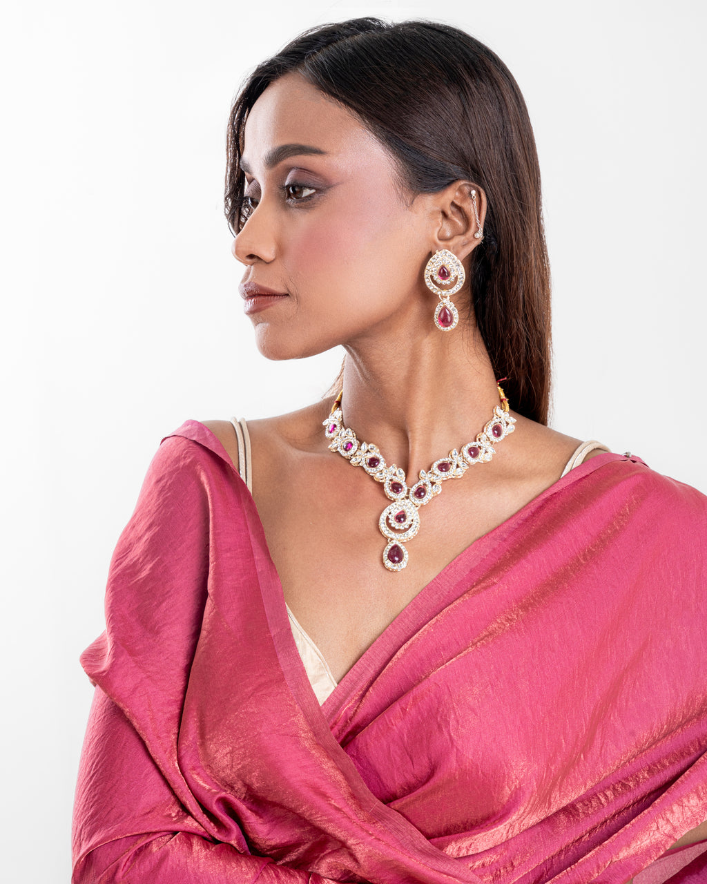Rosewood Pink Cashino Saree with Handcrafted Pearl Tassels and Matching Blouse Piece