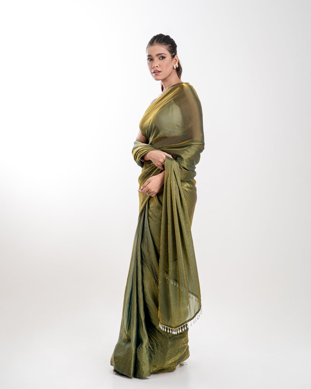 Olive Green Fendi Satin Saree with Handcrafted Crystal Drop Lace and Matching Blouse Piece