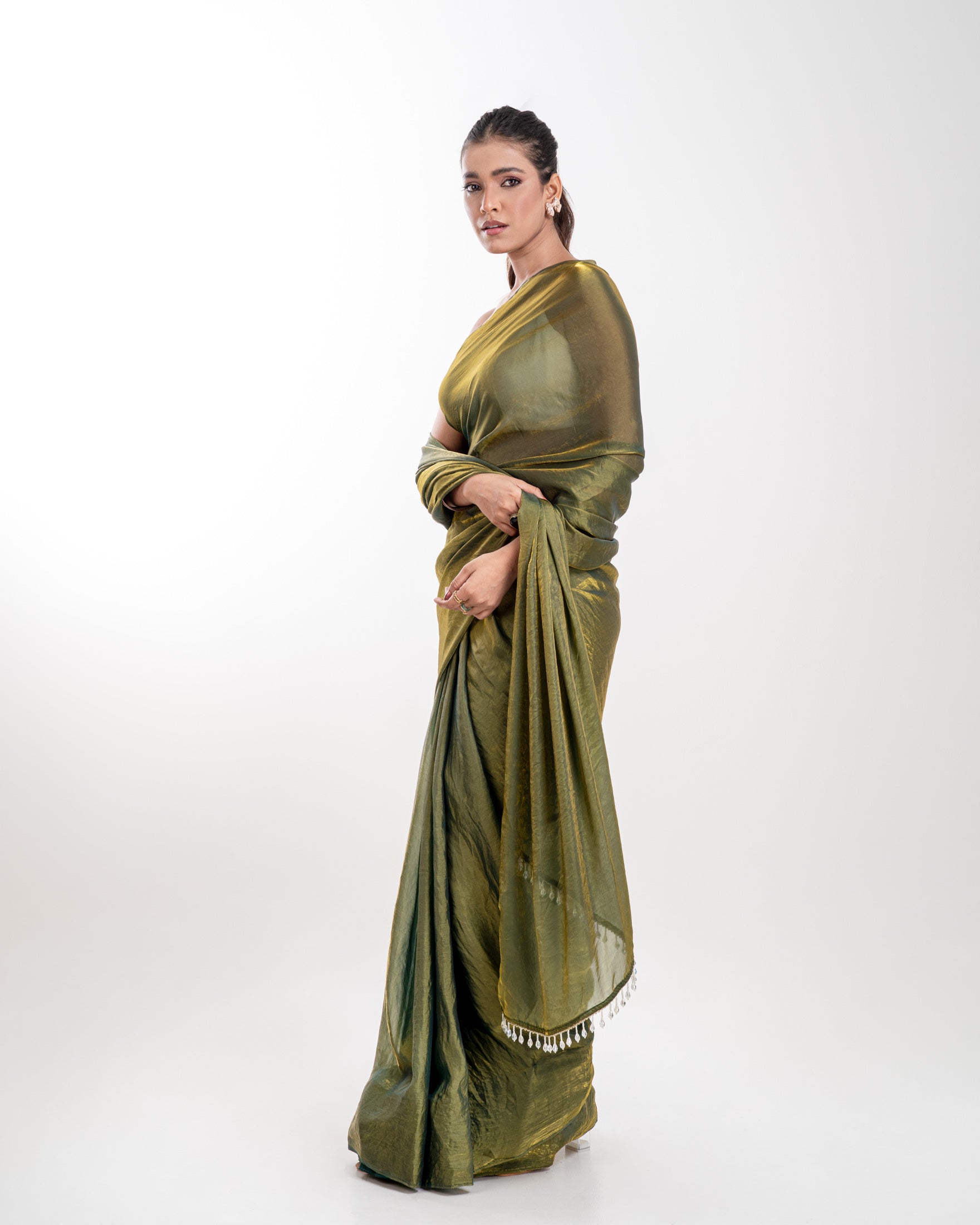 Olive Green Fendi Satin Saree with Handcrafted Crystal Drop Lace and Matching Blouse Piece