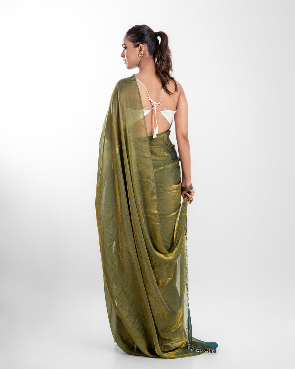 Olive Green Fendi Satin Saree with Handcrafted Crystal Drop Lace and Matching Blouse Piece
