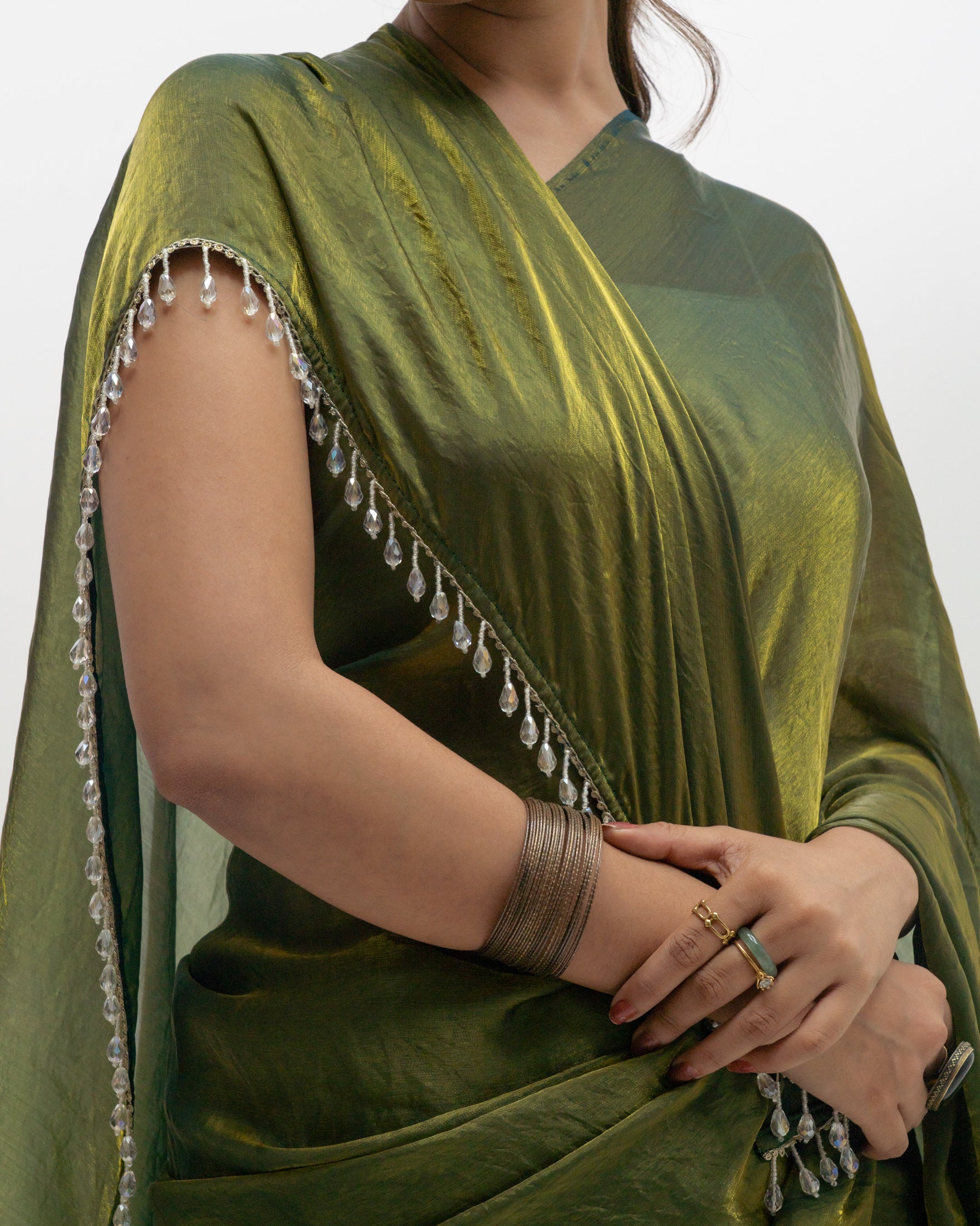 Olive Green Fendi Satin Saree with Handcrafted Crystal Drop Lace and Matching Blouse Piece