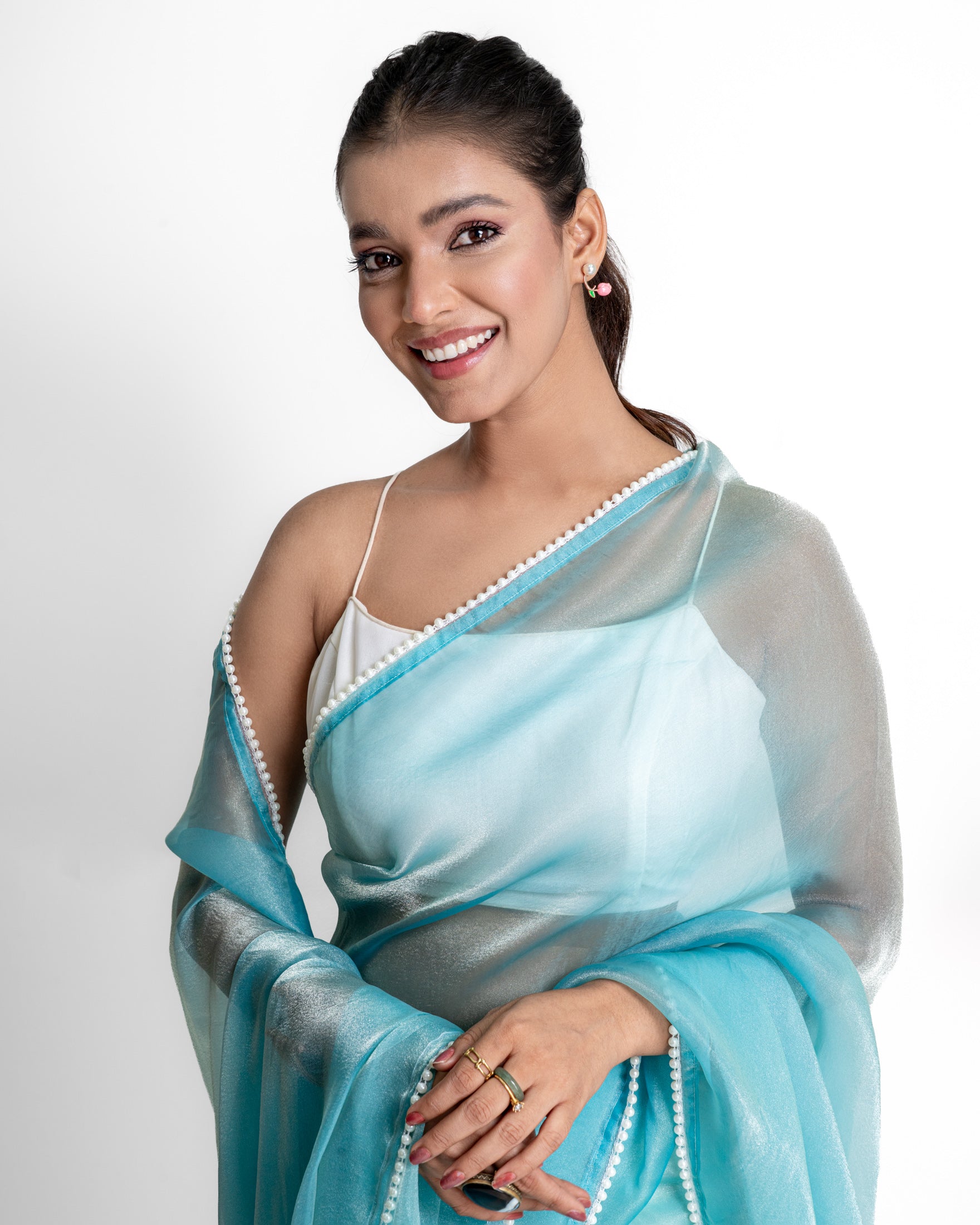 Powder Blue Soft Metallic Organza Saree with Pearl Lace Border and Matching Blouse Piece