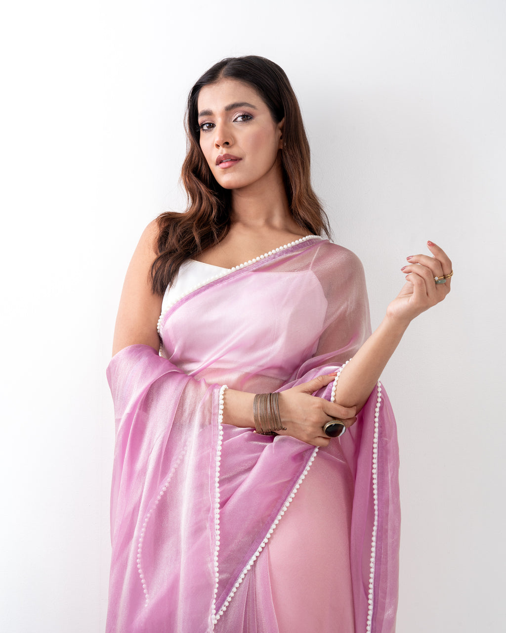 Lilac Soft Metallic Organza Saree with Pearl Lace Border and Matching Blouse Piece