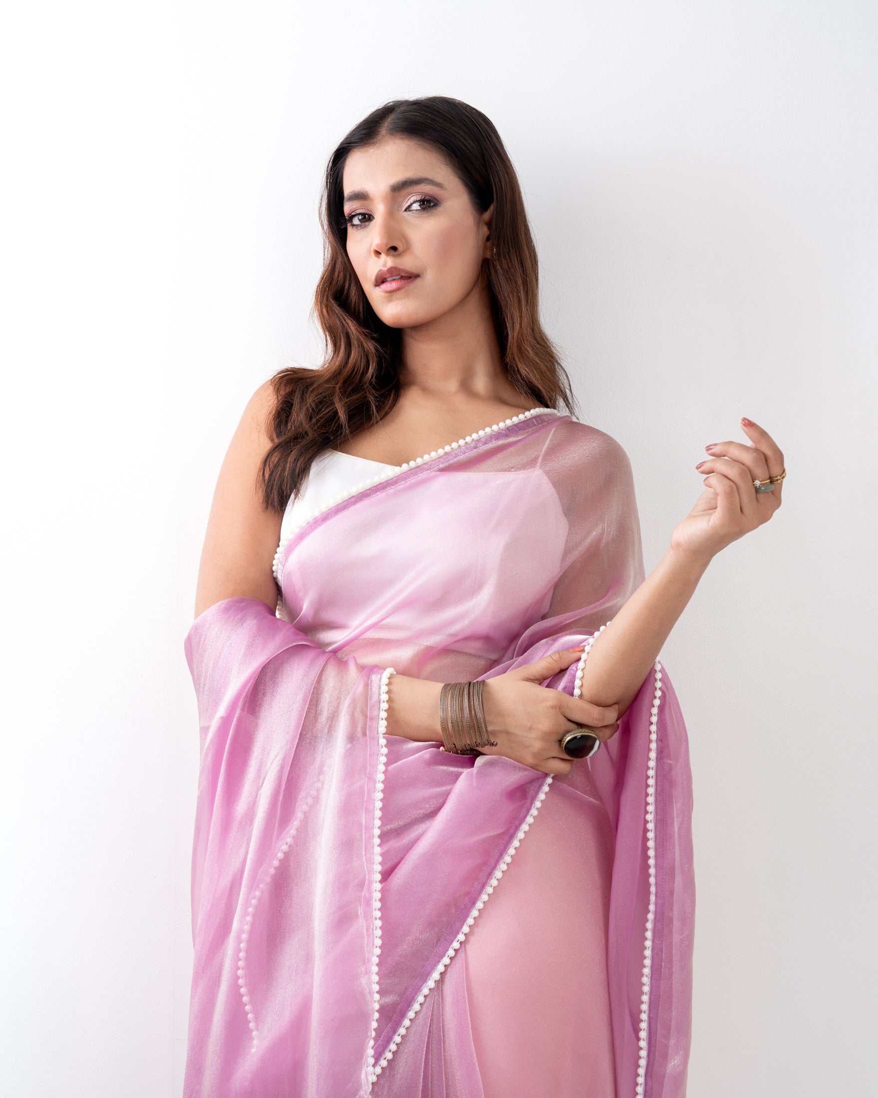 Lilac Soft Metallic Organza Saree with Pearl Lace Border and Matching Blouse Piece
