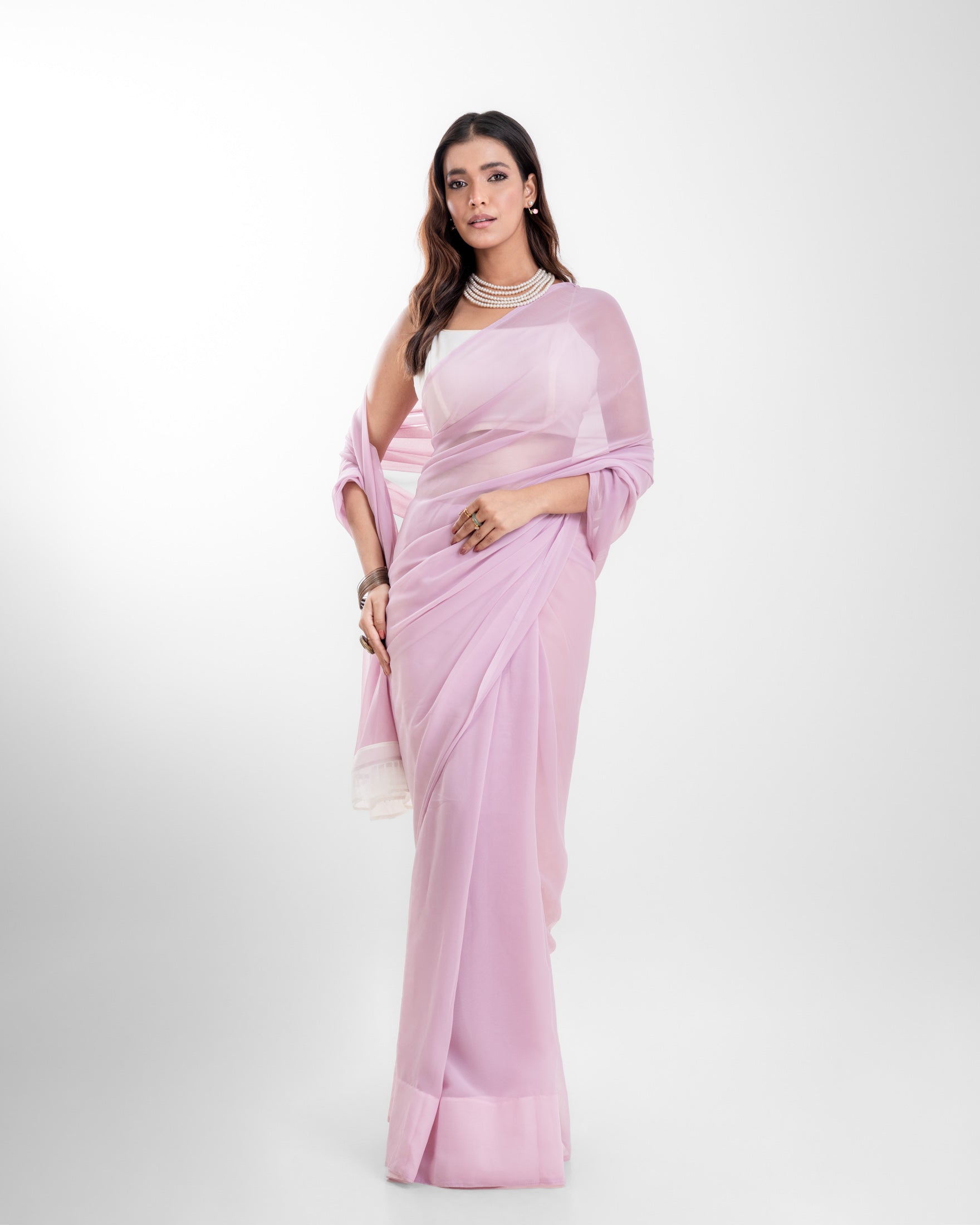 Lavender Georgette Saree with Ivory Panel & Drop Lace Border with Self Blouse Piece