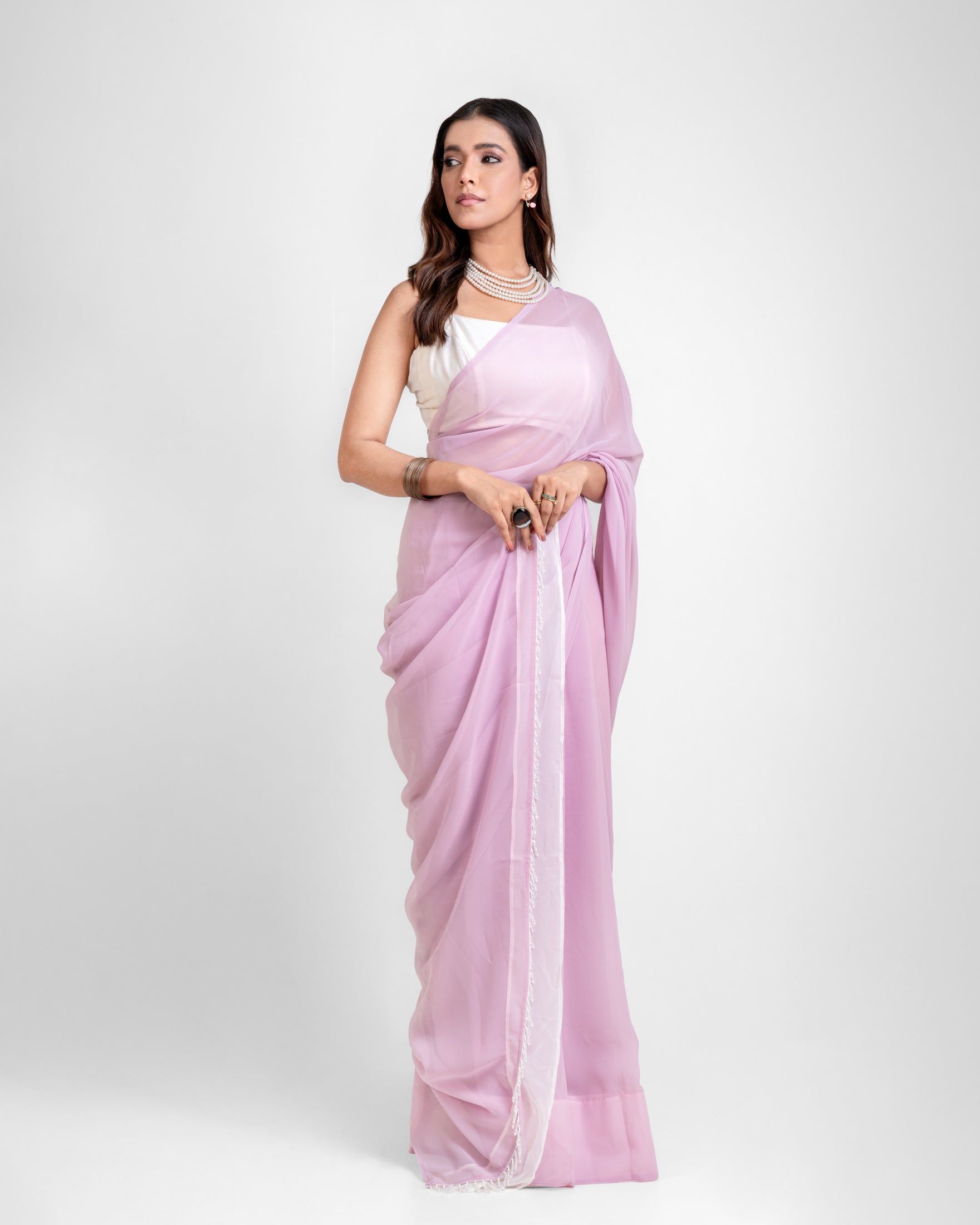Lavender Georgette Saree with Ivory Panel & Drop Lace Border with Self Blouse Piece