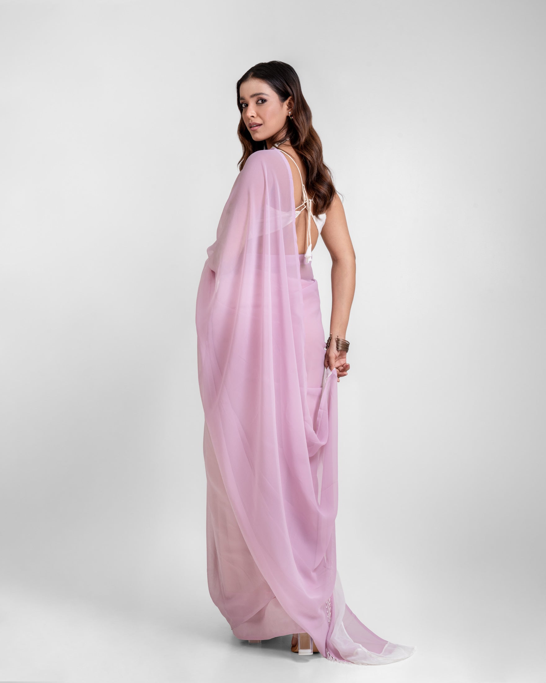 Lavender Georgette Saree with Ivory Panel & Drop Lace Border with Self Blouse Piece