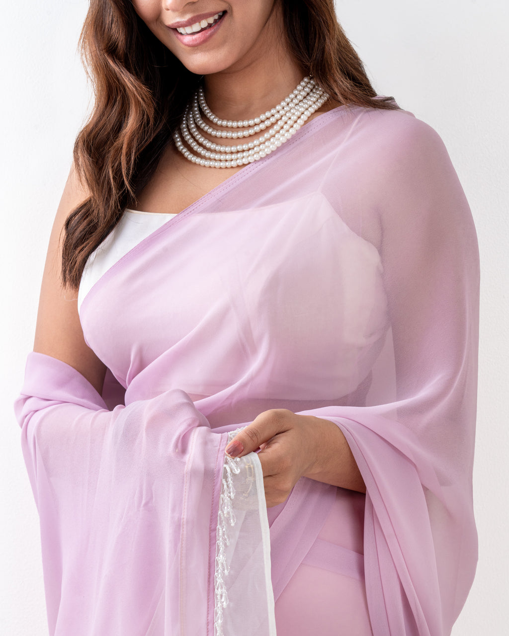 Lavender Georgette Saree with Ivory Panel & Drop Lace Border with Self Blouse Piece