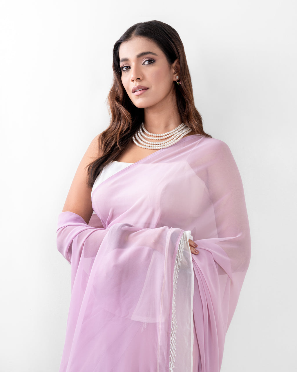 Lavender Georgette Saree with Ivory Panel & Drop Lace Border with Self Blouse Piece