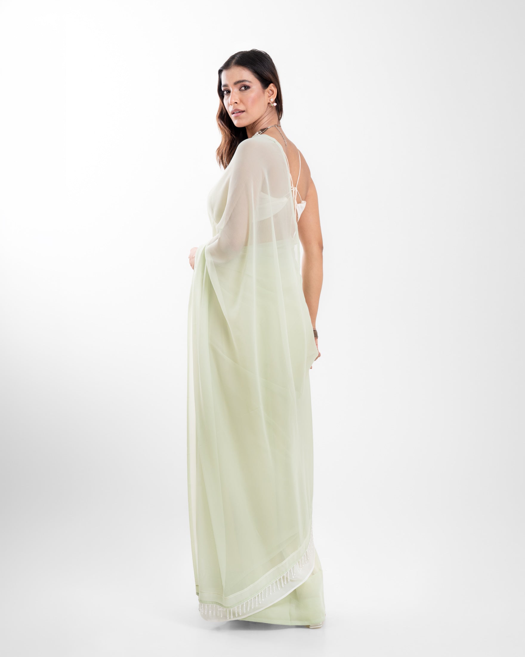Sage Green Georgette Saree with Ivory Panel & Drop Lace Border with Self Blouse Piece