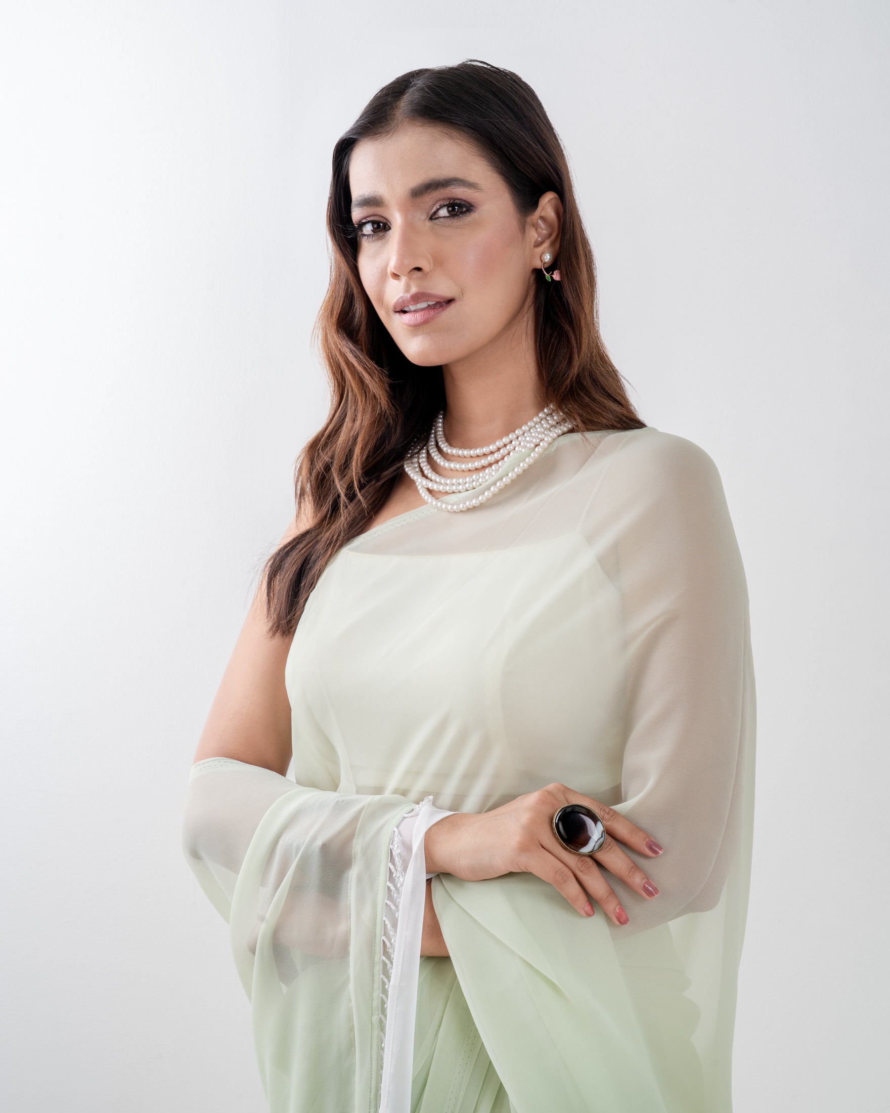 Sage Green Georgette Saree with Ivory Panel & Drop Lace Border with Self Blouse Piece