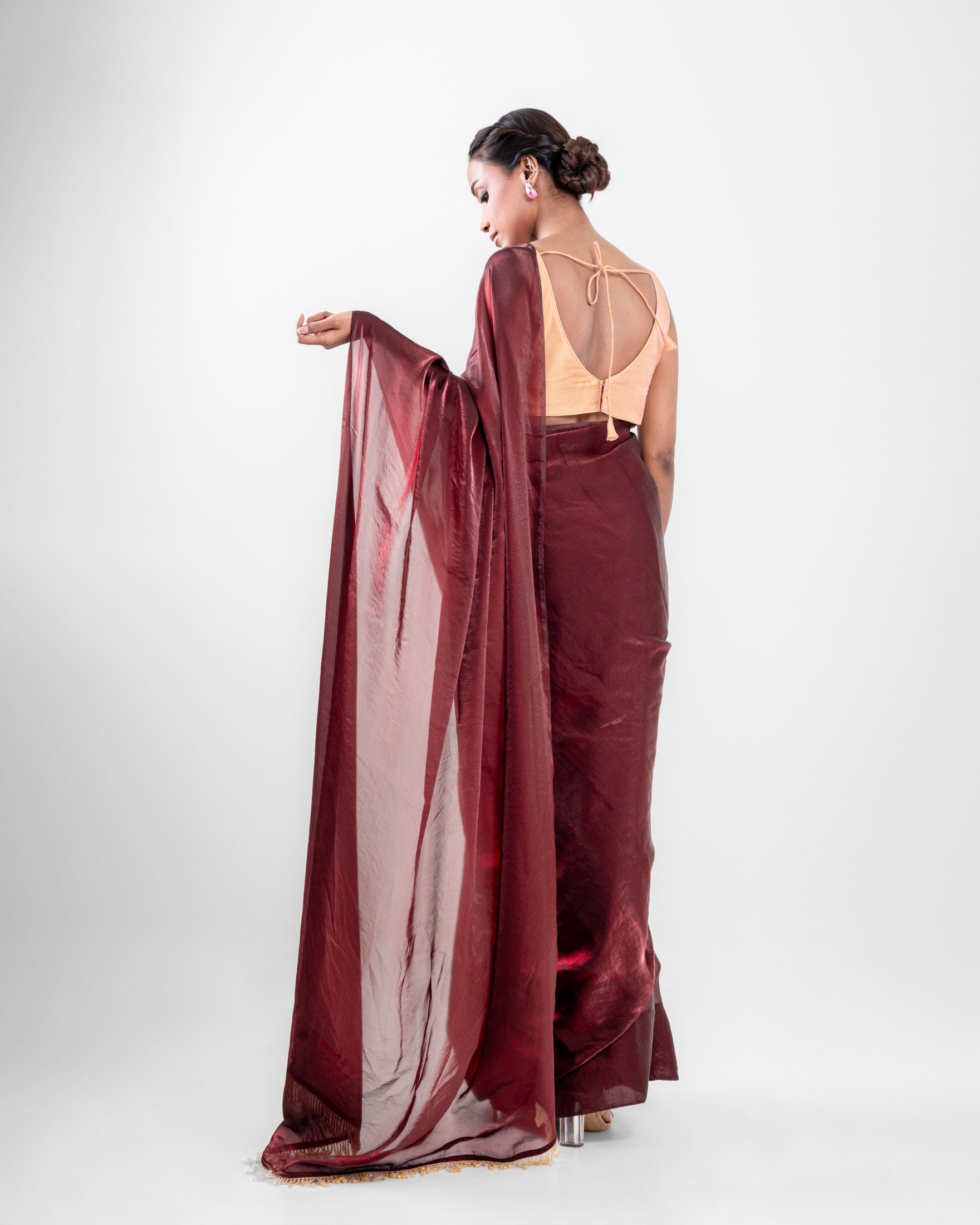 Burgundy Fendi Satin Saree with Handcrafted Beaded Lace and Matching Blouse Piece