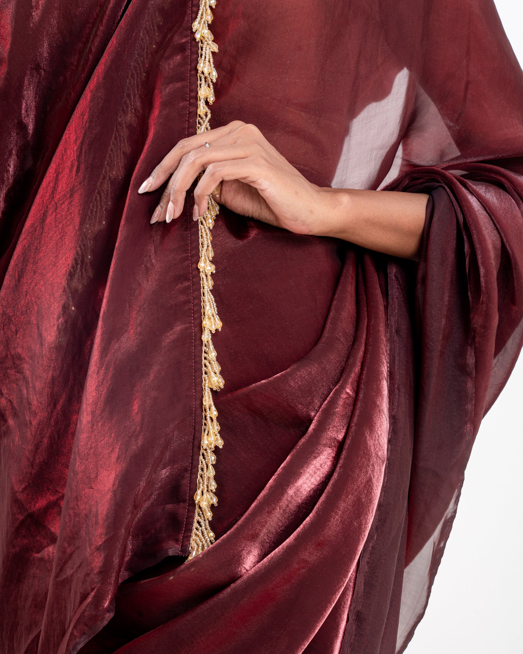 Burgundy Fendi Satin Saree with Handcrafted Beaded Lace and Matching Blouse Piece