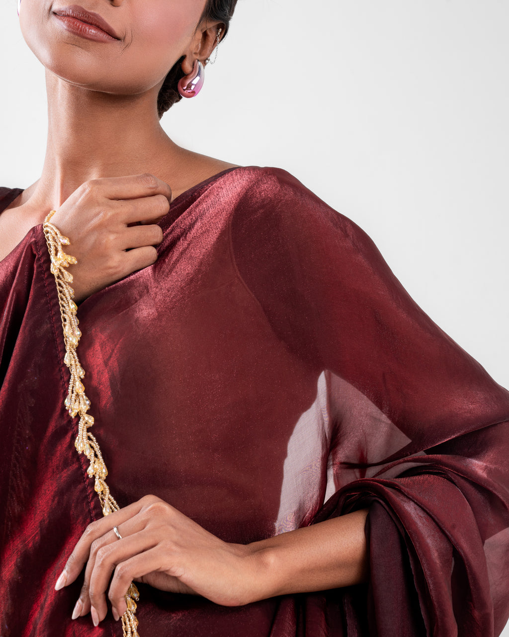 Burgundy Fendi Satin Saree with Handcrafted Beaded Lace and Matching Blouse Piece