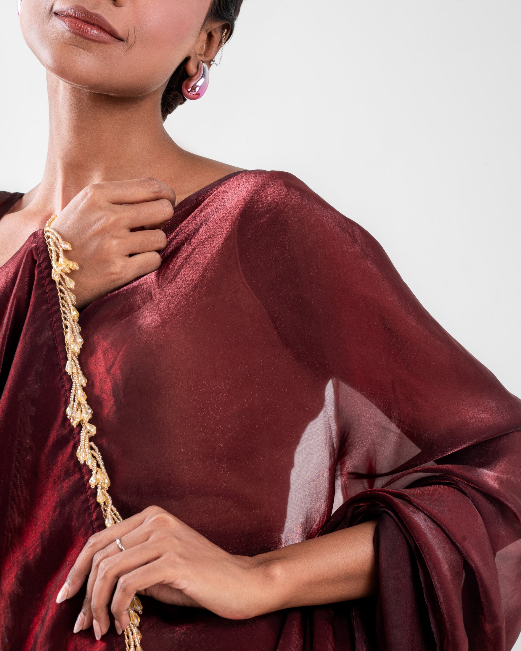 Burgundy Fendi Satin Saree with Handcrafted Beaded Lace and Matching Blouse Piece