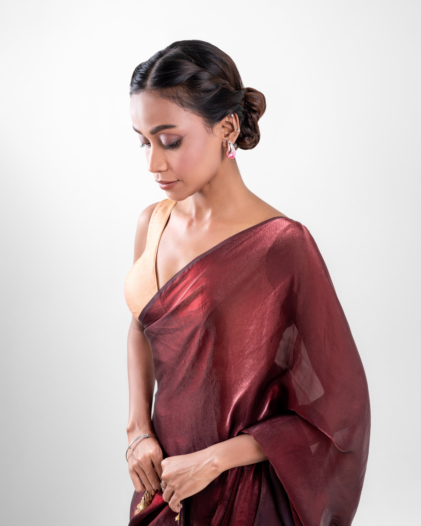Burgundy Fendi Satin Saree with Handcrafted Beaded Lace and Matching Blouse Piece